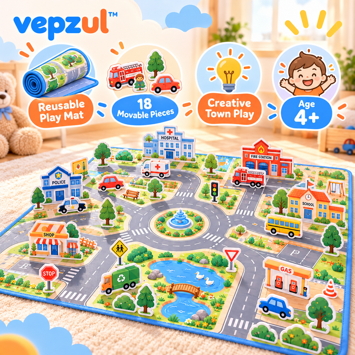 𝐯𝐞𝐩𝐳𝐮𝐥™ Paper Town Reusable Road Map Play Set