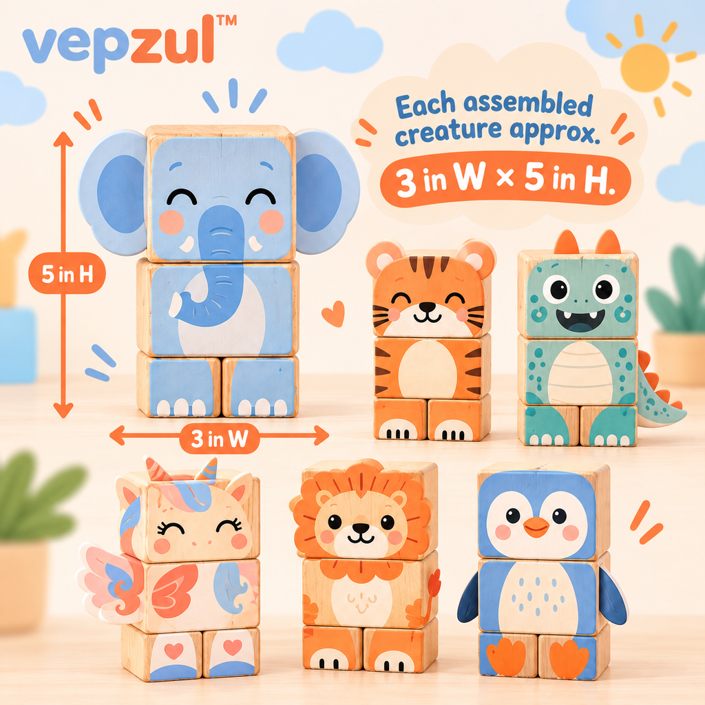 𝐯𝐞𝐩𝐳𝐮𝐥™ Mix and Match Creature Wooden Puzzle Blocks