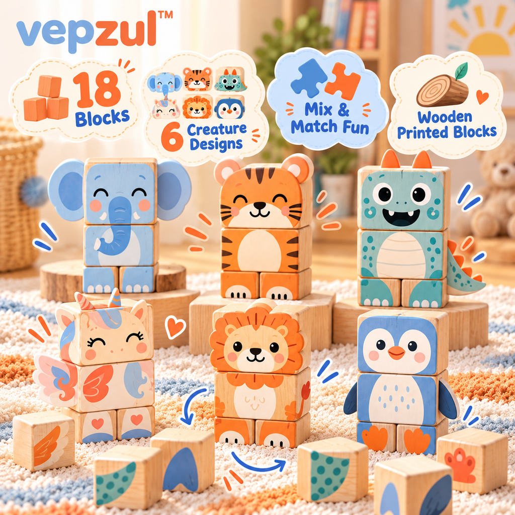 𝐯𝐞𝐩𝐳𝐮𝐥™ Mix and Match Creature Wooden Puzzle Blocks