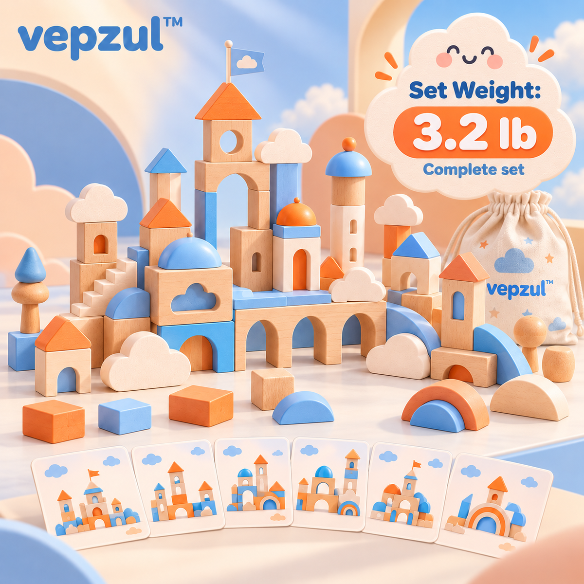 𝐯𝐞𝐩𝐳𝐮𝐥™ Cloud City Wooden Building Blocks Set