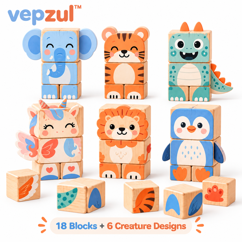 𝐯𝐞𝐩𝐳𝐮𝐥™ Mix and Match Creature Wooden Puzzle Blocks