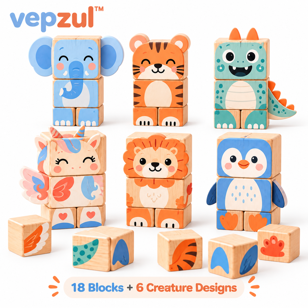 𝐯𝐞𝐩𝐳𝐮𝐥™ Mix and Match Creature Wooden Puzzle Blocks