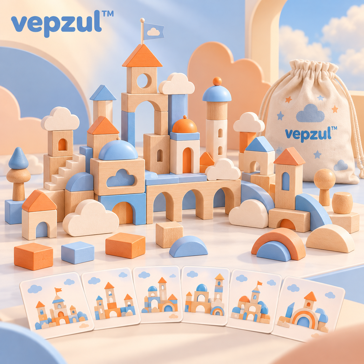 𝐯𝐞𝐩𝐳𝐮𝐥™ Cloud City Wooden Building Blocks Set