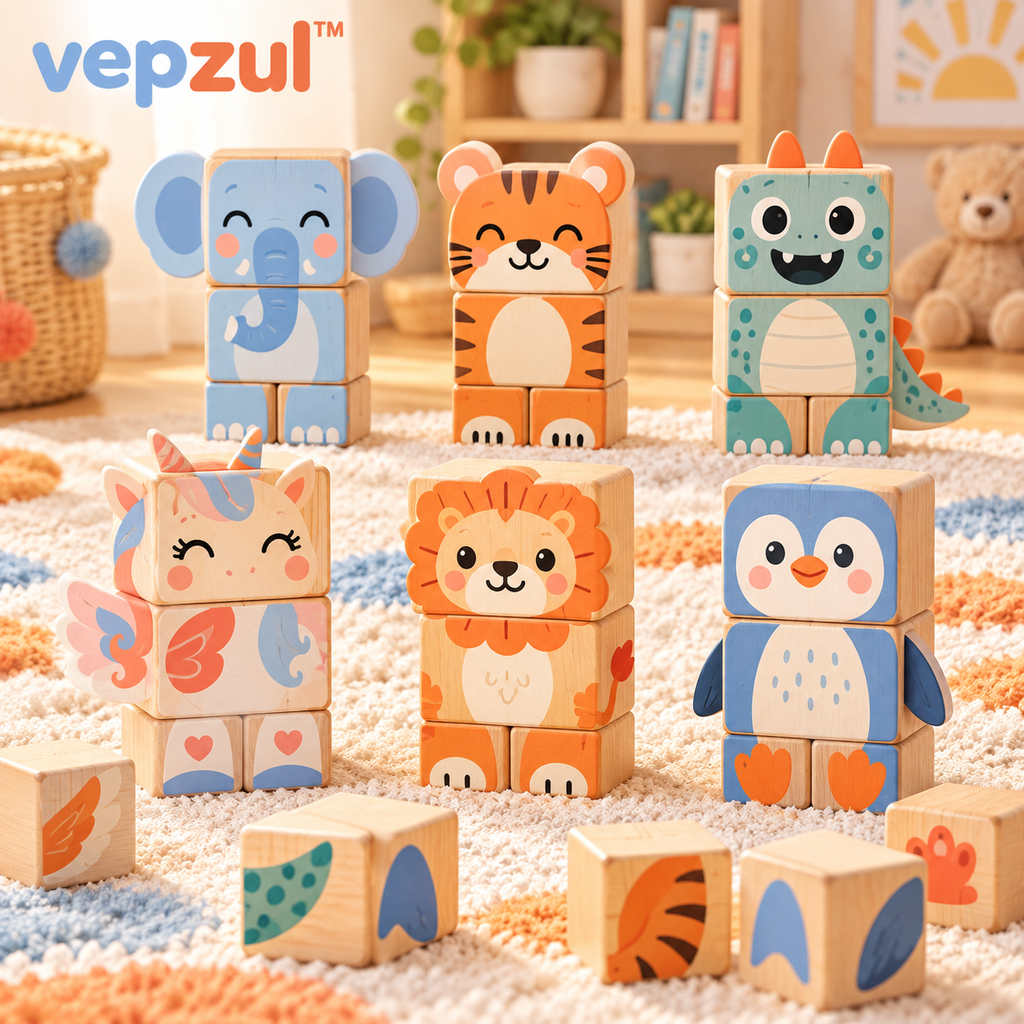 𝐯𝐞𝐩𝐳𝐮𝐥™ Mix and Match Creature Wooden Puzzle Blocks