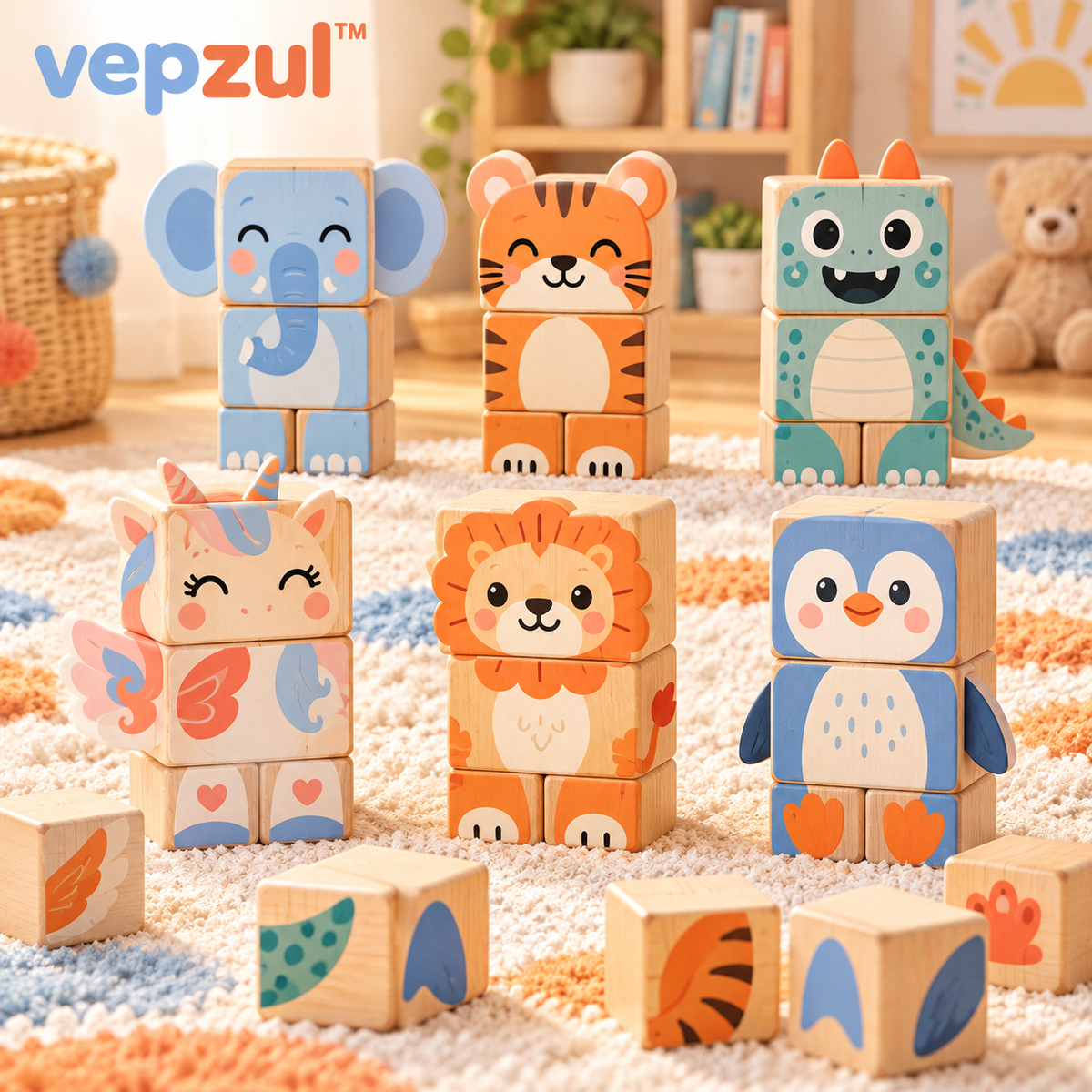 𝐯𝐞𝐩𝐳𝐮𝐥™ Mix and Match Creature Wooden Puzzle Blocks