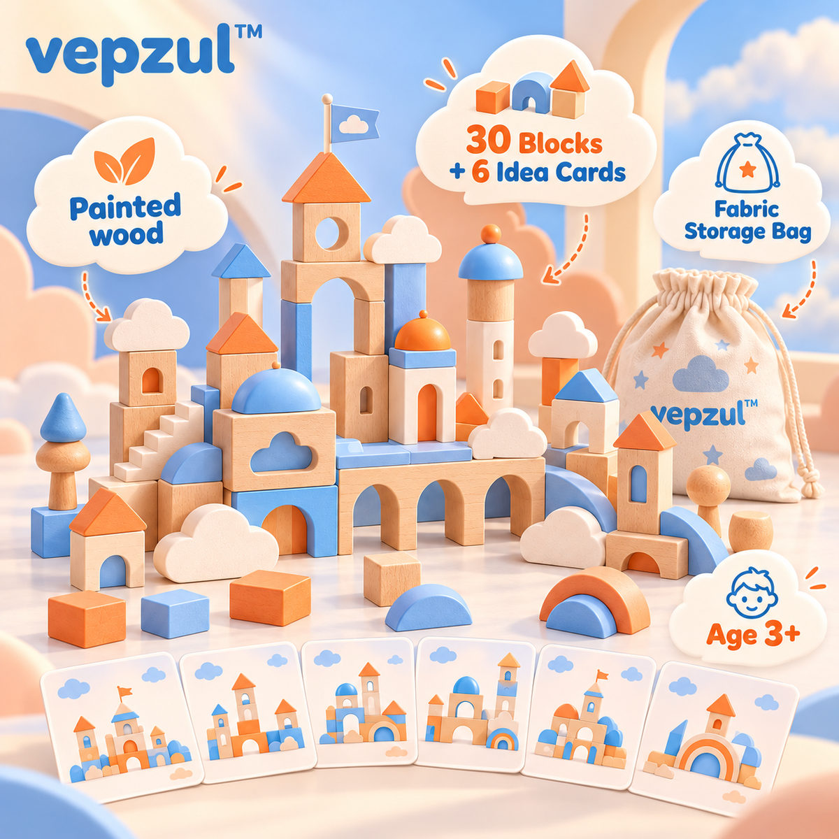 𝐯𝐞𝐩𝐳𝐮𝐥™ Cloud City Wooden Building Blocks Set